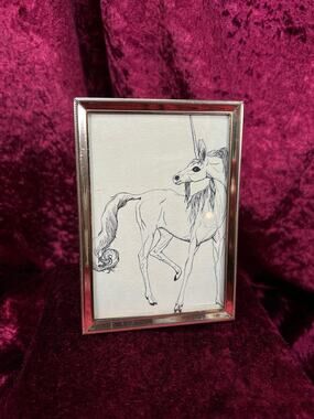 Vintage Gold Tone Picture Frame - Unicorn Line Art Fantasy Illustration - 5.5"